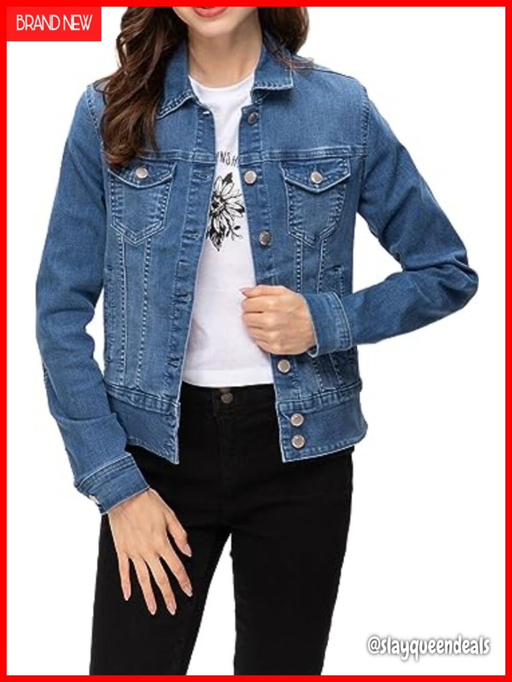 Women's Button Down Denim Jacket Long Sleeve Fitted Jean Jacket with Pockets